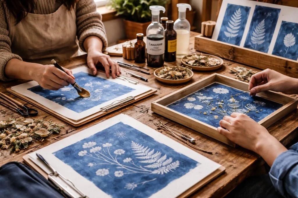 Deep blue cyanotype sun prints handmade art for maker business workshop Lisbon