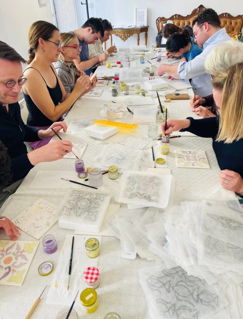 Hand-painted Portuguese azulejo ceramic tiles created using traditional techniques Lisbon workshop
