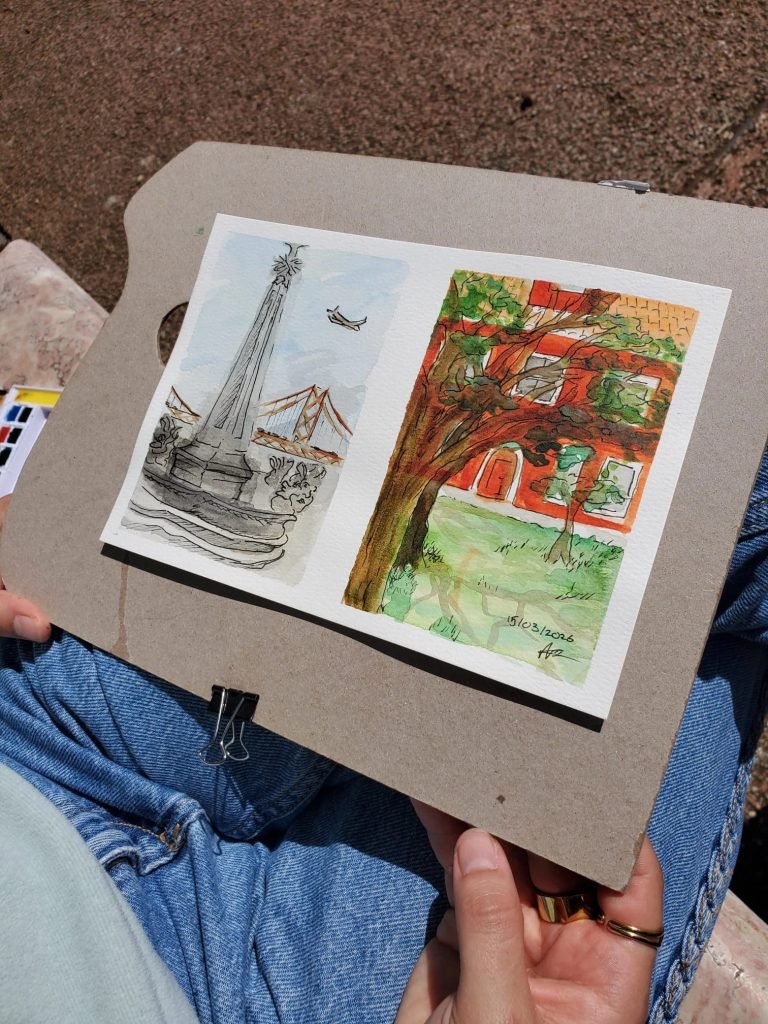 Watercolor sketches of Lisbon created by couple during urban sketching workshop visual memories together